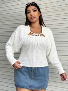 SHEIN EZwear Plus Batwing Sleeve Shrug Cardigan & Tube Knit Top - White - View 5