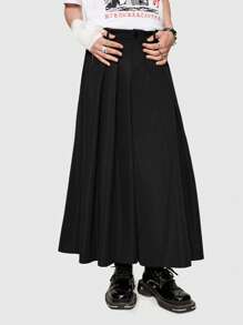 ROMWE MEN Anime Men Solid Pleated Wide Leg Pants - Black - View 1