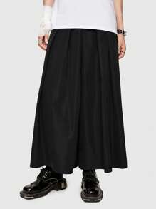 ROMWE MEN Anime Men Solid Pleated Wide Leg Pants - Black - View 3