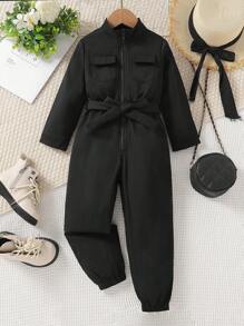 SHEIN Young Girl Sporty Stand Collar Long Sleeve Jumpsuit With Zipper Closure And Waist Belt, Suitable For Outdoor Activities And Vacation, Autumn - Black - View 1