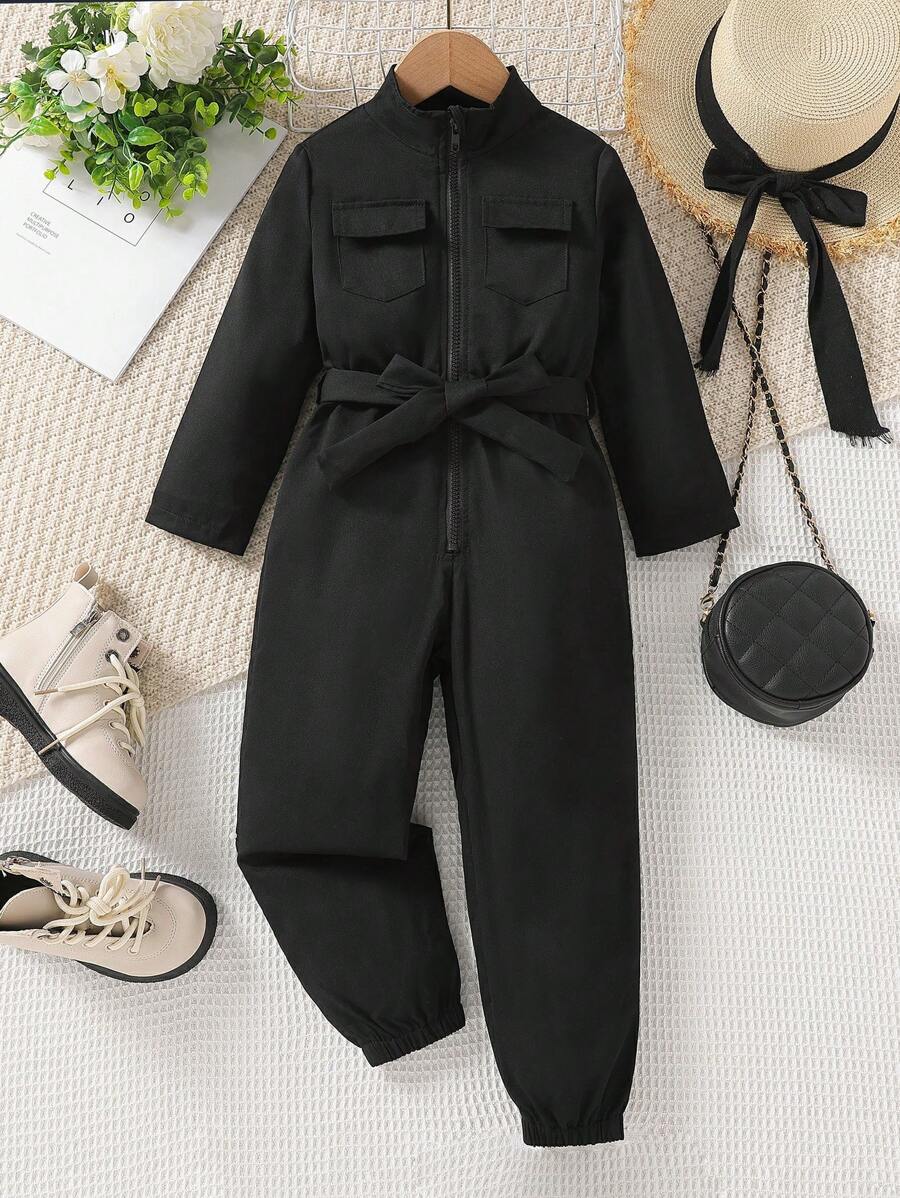 SHEIN Young Girl Sporty Stand Collar Long Sleeve Jumpsuit With Zipper Closure And Waist Belt, Suitable For Outdoor Activities And Vacation, Autumn - Black - View 1