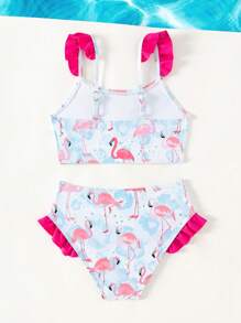 Young Girl Flamingo Print Ruffle Trim Bikini Set Summer Beach - Multicolor - View 2