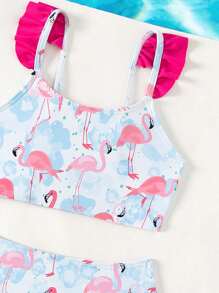 Young Girl Flamingo Print Ruffle Trim Bikini Set Summer Beach - Multicolor - View 3