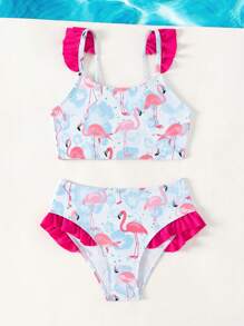 Young Girl Flamingo Print Ruffle Trim Bikini Set Summer Beach - Multicolor - View 5