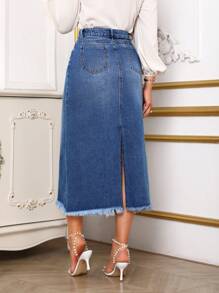 SHEIN Privé 毛邊牛仔半身裙 - 中等水洗藍 - 查看 2