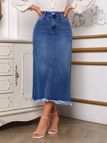 SHEIN Privé 毛邊牛仔半身裙 - 中等水洗藍 - 查看 4