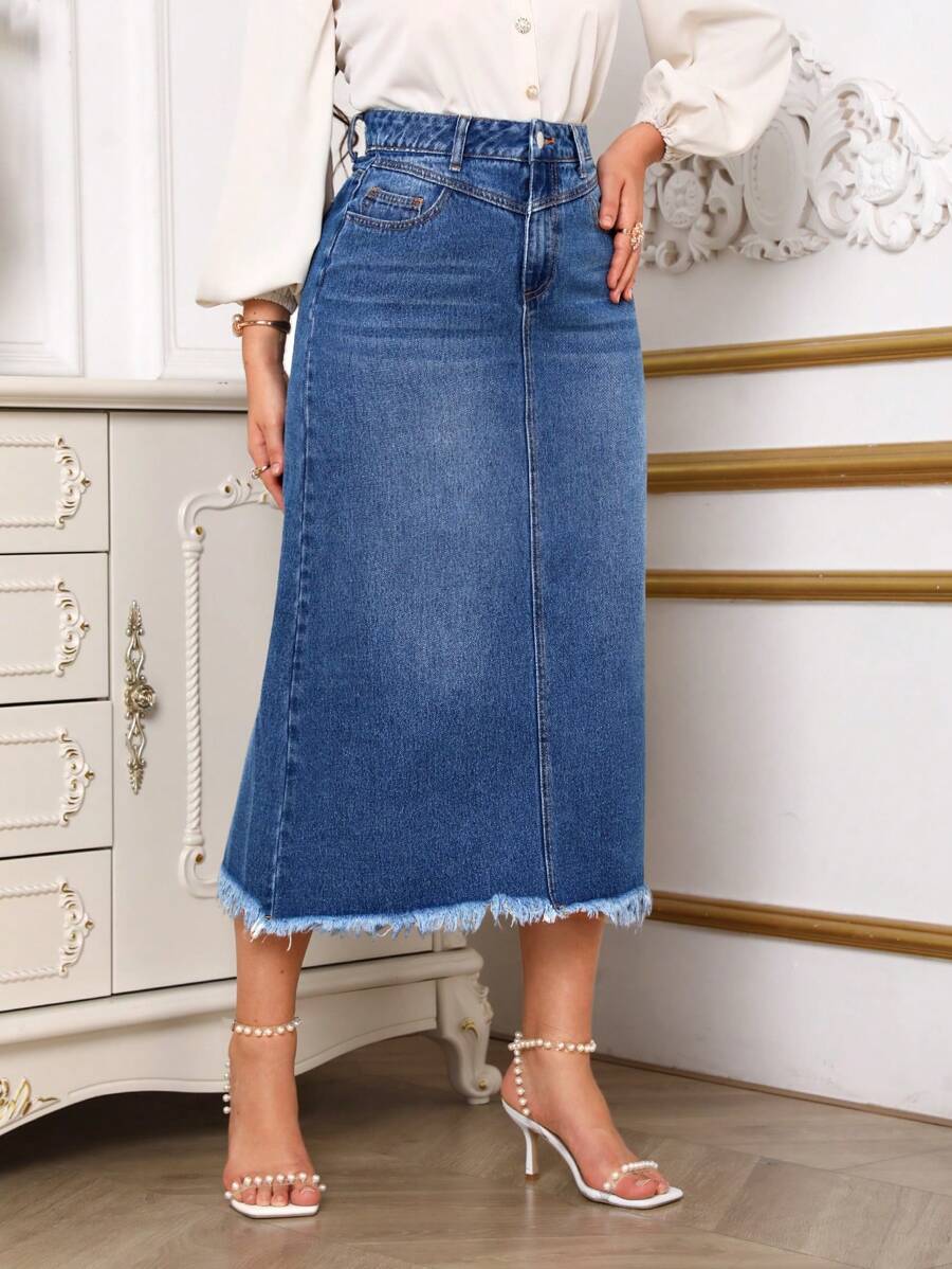 SHEIN Privé 毛邊牛仔半身裙 - 中等水洗藍 - 查看 1