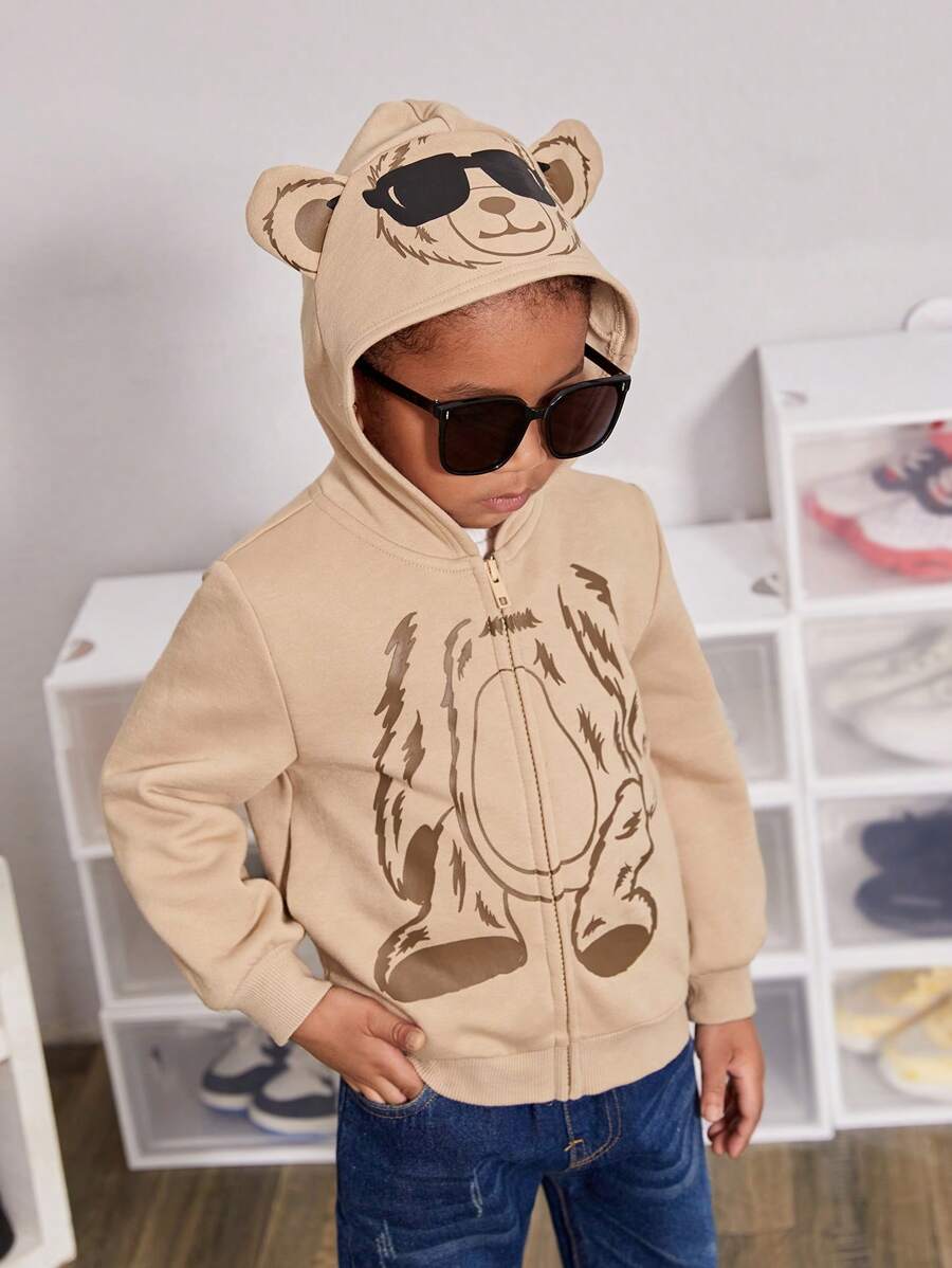 SHEIN Áo nỉ in hình hoạt hình bé trai với thiết kế tai 3D. - Màu Khaki - Xem 1