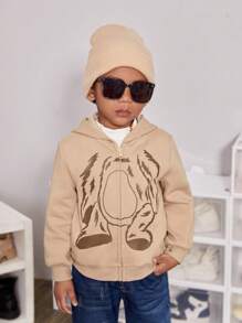 SHEIN Áo nỉ in hình hoạt hình bé trai với thiết kế tai 3D. - Màu Khaki - Xem 3