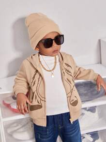 SHEIN Áo nỉ in hình hoạt hình bé trai với thiết kế tai 3D. - Màu Khaki - Xem 5