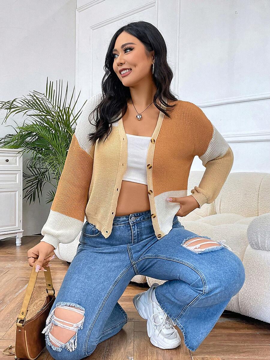 SHEIN EZwear Hơn Khối màu Thả vai Nút phía trước Áo len Mở - Nhiều màu - Xem 1