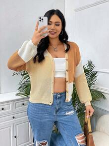SHEIN EZwear Hơn Khối màu Thả vai Nút phía trước Áo len Mở - Nhiều màu - Xem 3