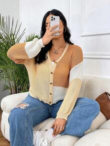SHEIN EZwear Hơn Khối màu Thả vai Nút phía trước Áo len Mở - Nhiều màu - Xem 5