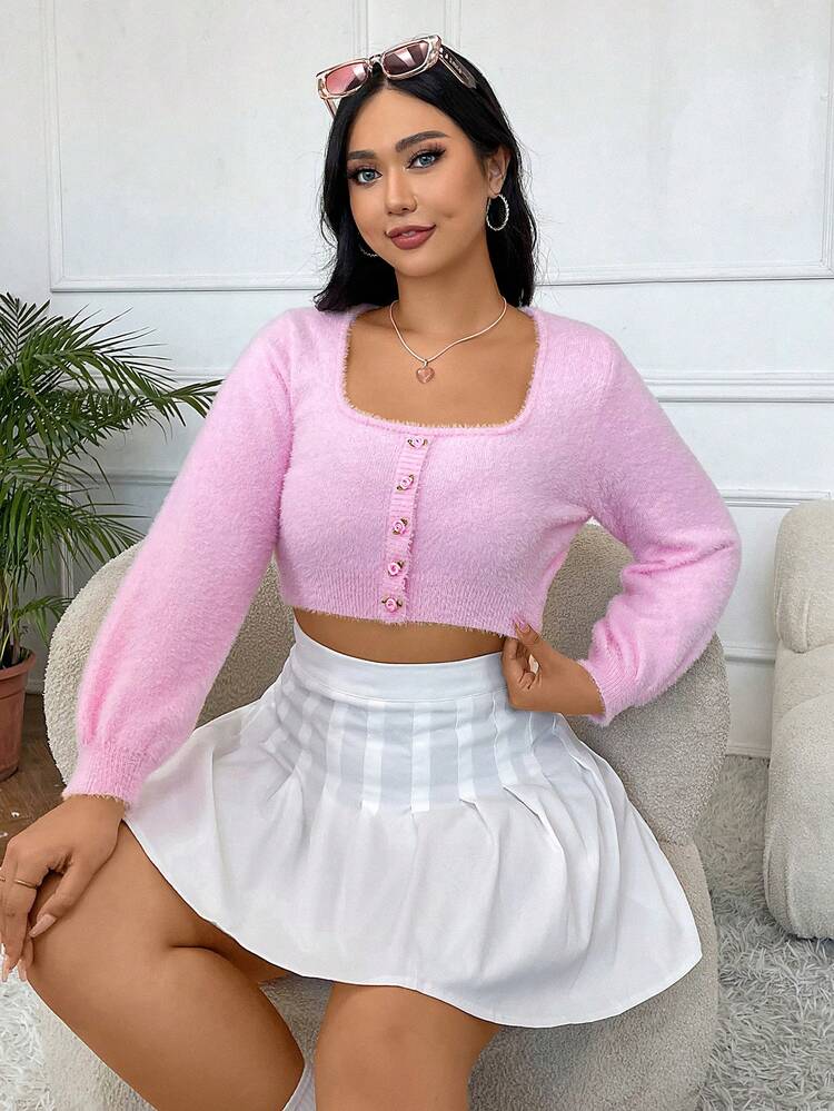 Plus Button Front Crop Fuzzy Knit Sweater