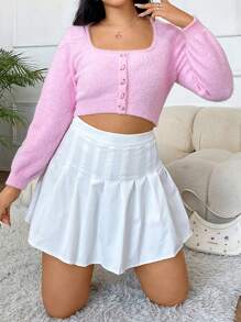 SHEIN MOD Hơn Nút phía trước Mùa vụ 	
Fuzzy Áo len dệt kim - Hồng - Xem 3