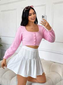 SHEIN MOD Hơn Nút phía trước Mùa vụ 	
Fuzzy Áo len dệt kim - Hồng - Xem 1