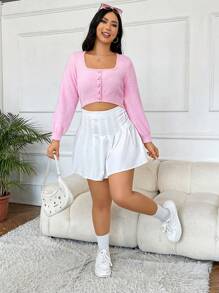 SHEIN MOD Hơn Nút phía trước Mùa vụ 	
Fuzzy Áo len dệt kim - Hồng - Xem 5