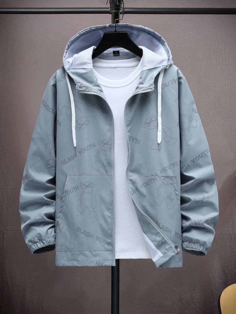 Manfinity Homme 男士卡通熊印花拉链连帽夹克，户外风衣 - 灰色 - 查看 1