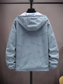 Manfinity Homme 男士卡通熊印花拉链连帽夹克，户外风衣 - 灰色 - 查看 2