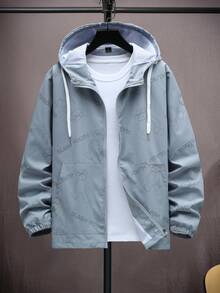 Manfinity Homme 男士卡通熊印花拉链连帽夹克，户外风衣 - 灰色 - 查看 4