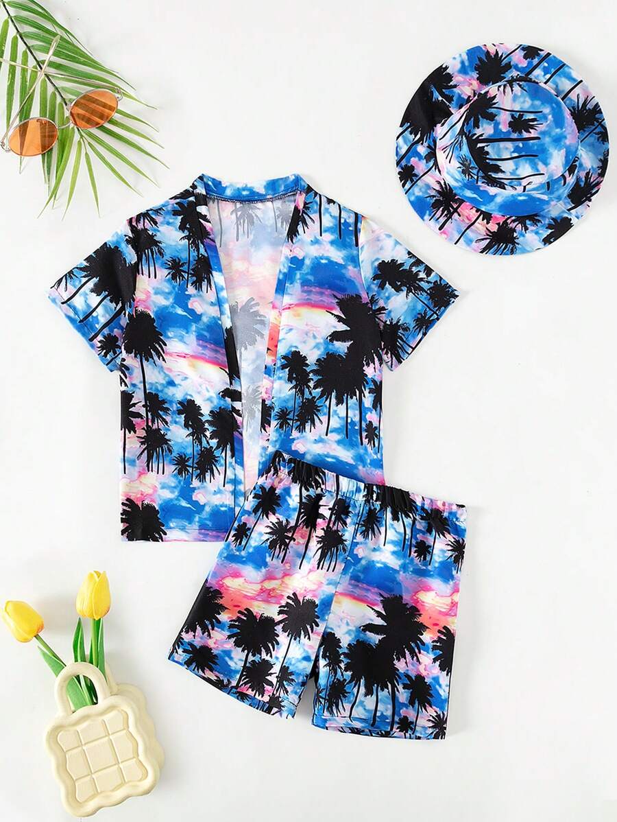 SHEIN Tween Boy Tropical Print Kimono & Swim Shorts & Swim Cap - Multicolor - View 1