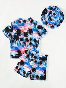 SHEIN Tween Boy Tropical Print Kimono & Swim Shorts & Swim Cap - Multicolor - View 2