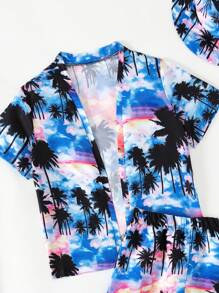 SHEIN Tween Boy Tropical Print Kimono & Swim Shorts & Swim Cap - Multicolor - View 3