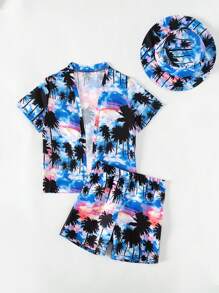 SHEIN Tween Boy Tropical Print Kimono & Swim Shorts & Swim Cap - Multicolor - View 5