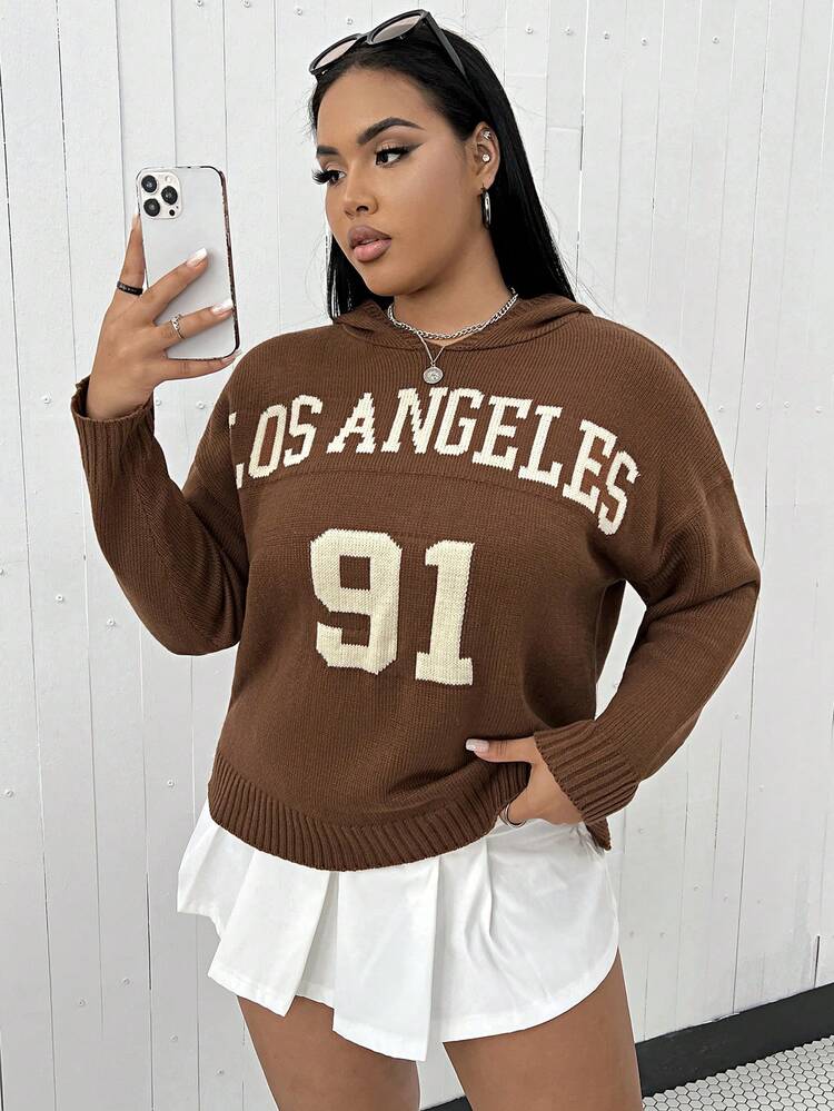 Plus Letter Pattern Drop Shoulder Hooded Sweater Knit Pullover Fall Winter Sweater