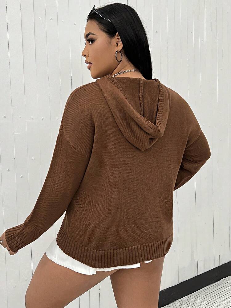 Plus Letter Pattern Drop Shoulder Hooded Sweater Knit Pullover Fall Winter Sweater