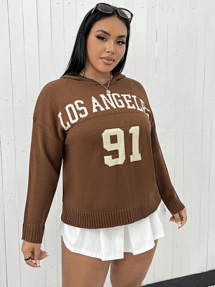 Plus Letter Pattern Drop Shoulder Hooded Sweater Knit Pullover Fall Winter Sweater