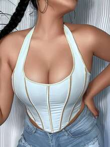 頂針露背繫帶不對稱下擺塑形腰封上衣 - 米色 - 查看 1