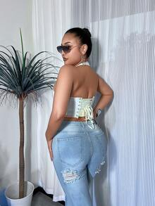 頂針露背繫帶不對稱下擺塑形腰封上衣 - 米色 - 查看 2