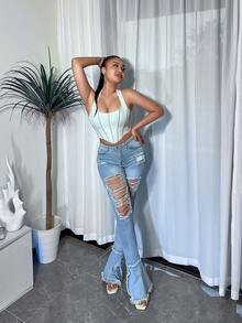 頂針露背繫帶不對稱下擺塑形腰封上衣 - 米色 - 查看 3