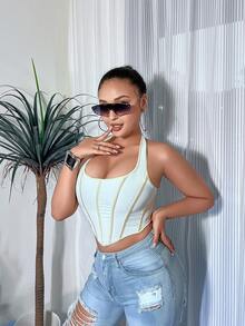 頂針露背繫帶不對稱下擺塑形腰封上衣 - 米色 - 查看 5