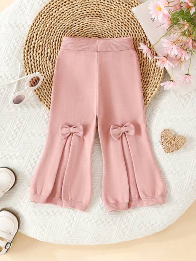 女嬰前蝴蝶結褶皺細節針織長褲