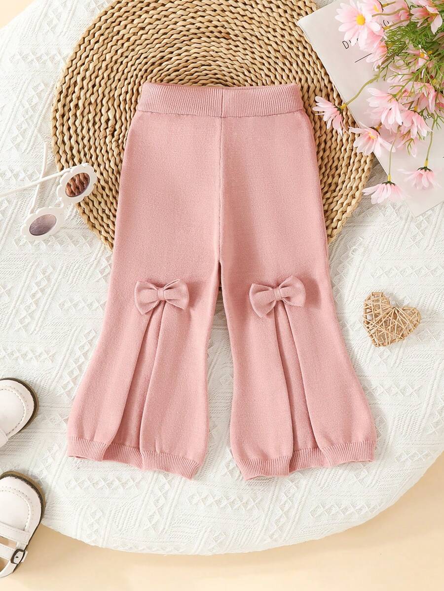 女嬰前蝴蝶結褶皺細節針織長褲
