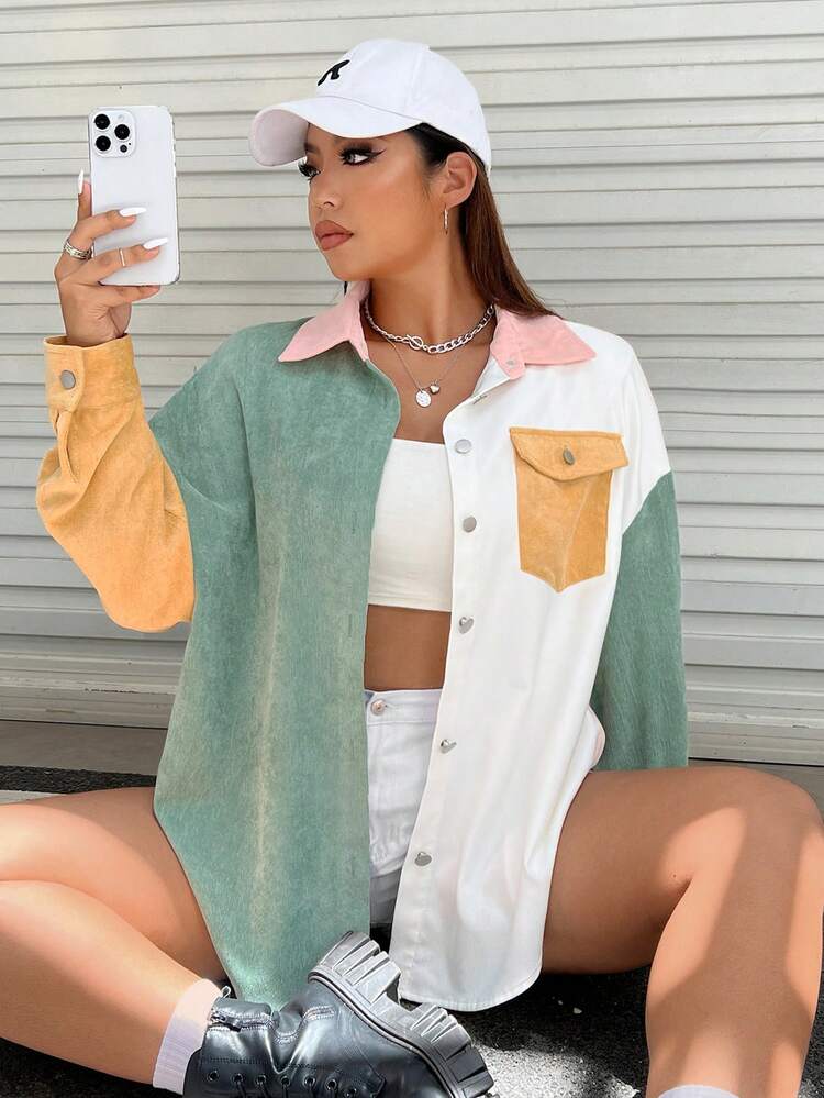 SHEIN EZwear מידות גדולות מחולק לצבעים דמוי כיסים כתף חשופה מעיל קורדרוי - ריבוי צבעים - ראה 4