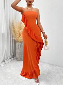 SHEIN SXY 荷葉邊高衩抹胸洋裝 - 亮橙色 - 查看 5
