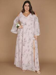 SHEIN Belle Plus 1pc Floral Print Cold Shoulder Split Thigh Bridesmaid Dress - Multicolor - View 3