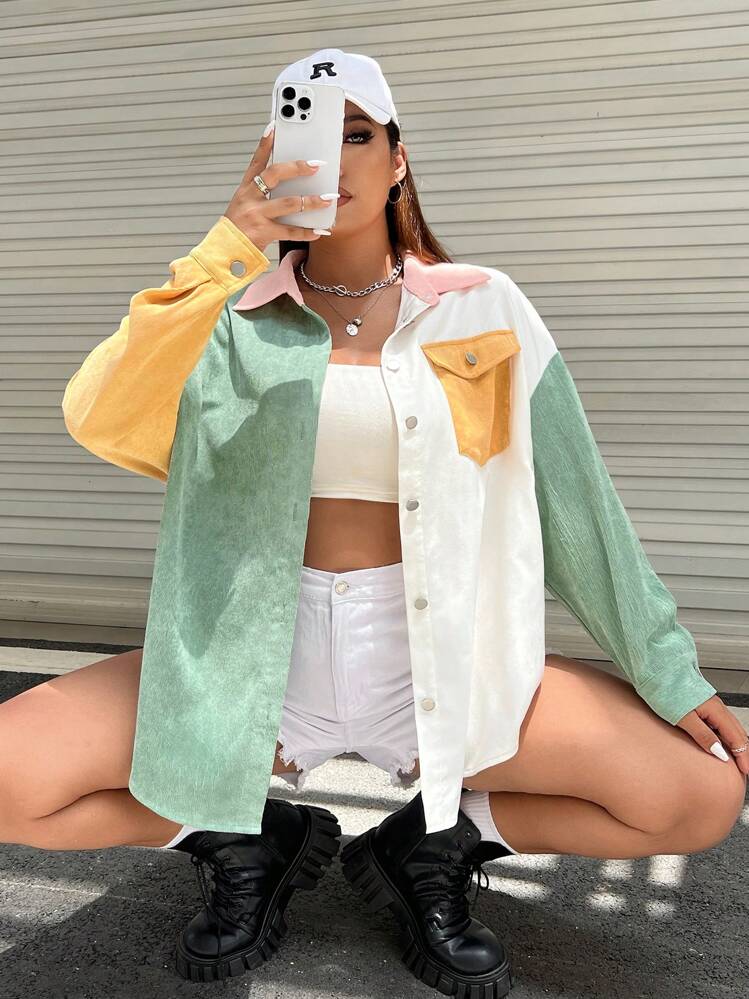 SHEIN EZwear מידות גדולות מחולק לצבעים דמוי כיסים כתף חשופה מעיל קורדרוי - ריבוי צבעים - ראה 1