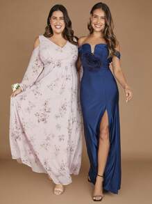 SHEIN Belle Plus 1pc Floral Print Cold Shoulder Split Thigh Bridesmaid Dress - Multicolor - View 5