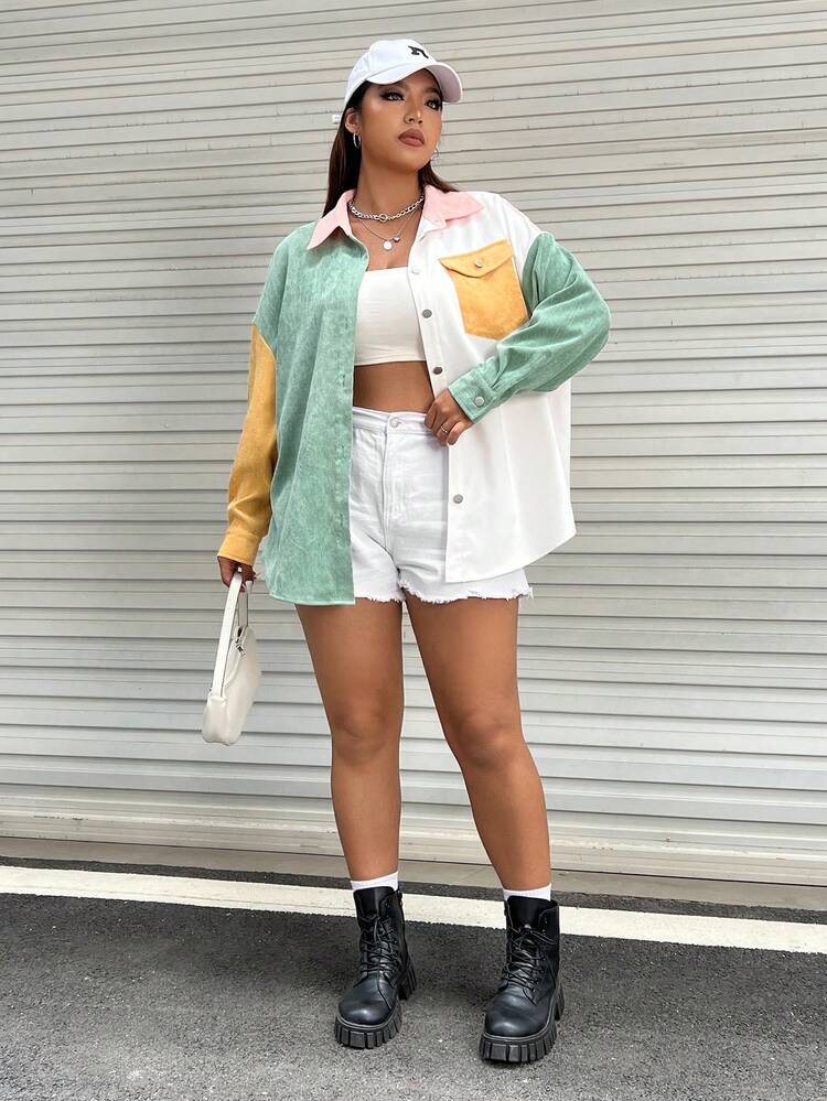 SHEIN EZwear מידות גדולות מחולק לצבעים דמוי כיסים כתף חשופה מעיל קורדרוי - ריבוי צבעים - ראה 5