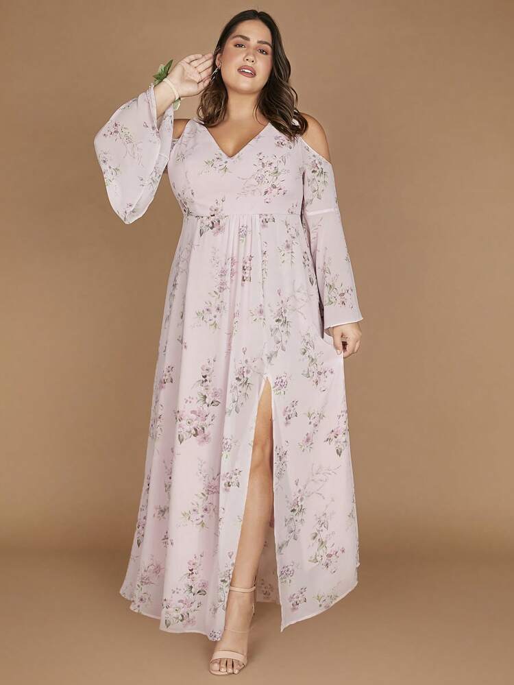 Plus 1pc Floral Print Cold Shoulder Split Thigh Bridesmaid Dress