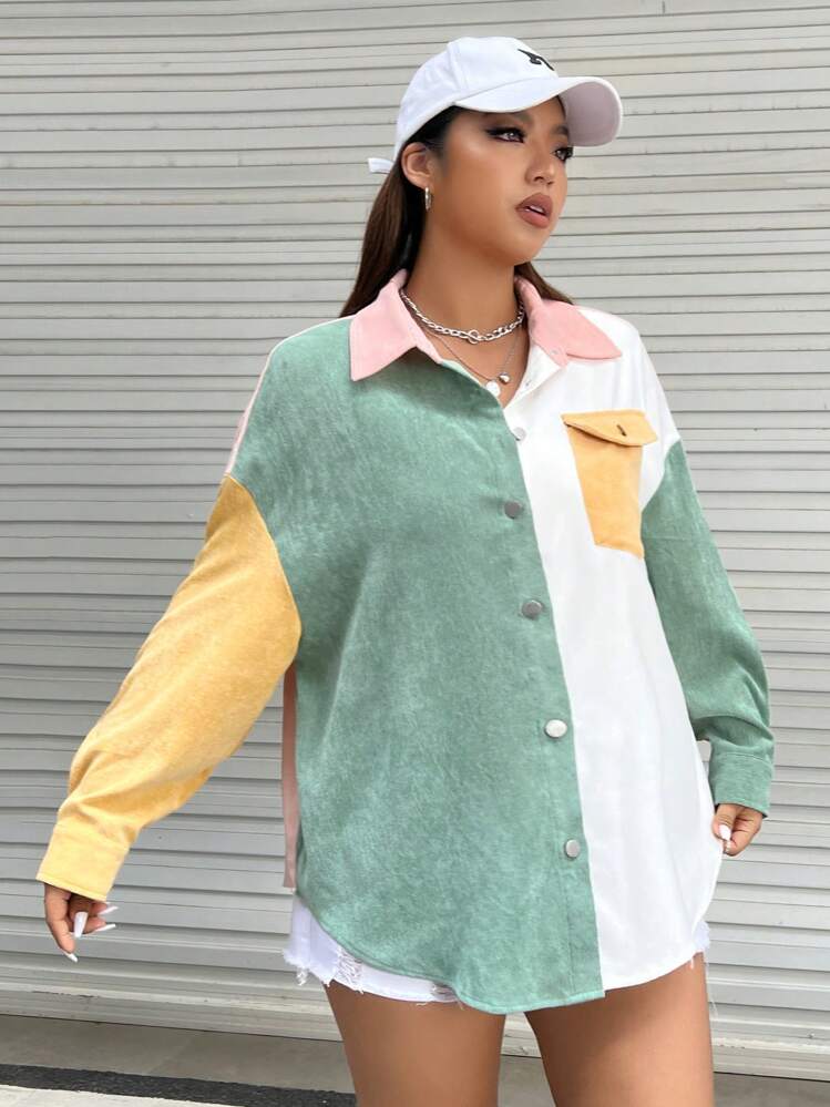 SHEIN EZwear מידות גדולות מחולק לצבעים דמוי כיסים כתף חשופה מעיל קורדרוי - ריבוי צבעים - ראה 6