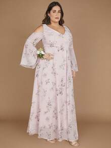 SHEIN Belle Plus 1pc Floral Print Cold Shoulder Split Thigh Bridesmaid Dress - Multicolor - View 6