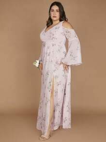 SHEIN Belle Plus 1pc Floral Print Cold Shoulder Split Thigh Bridesmaid Dress - Multicolor - View 7
