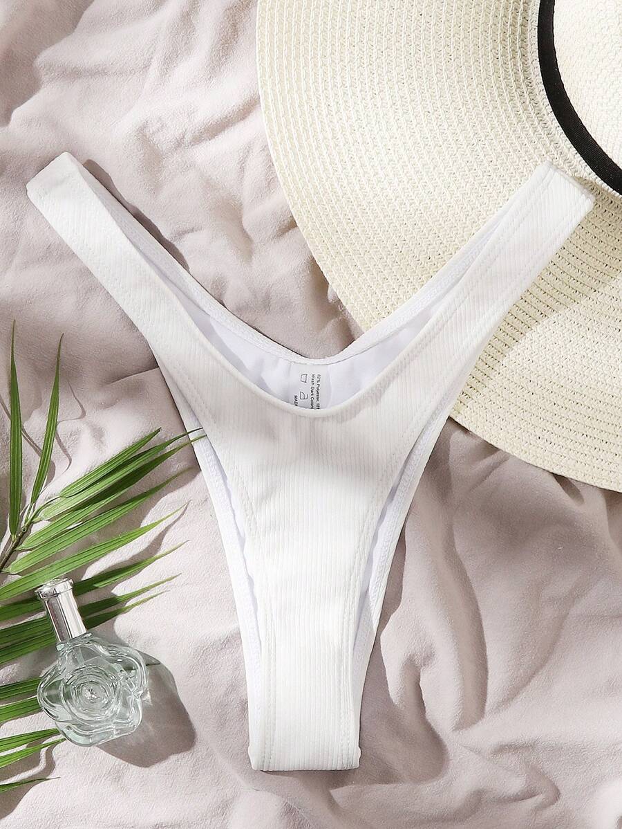 SHEIN Swim 條紋針織高衩泳衣下裝 - 白色 - 查看 1