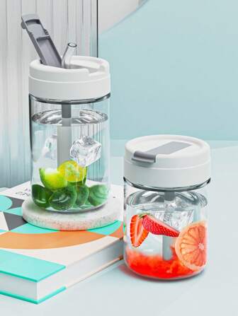 1入組平底無腳杯,水瓶帶草編透明可愛果汁水杯