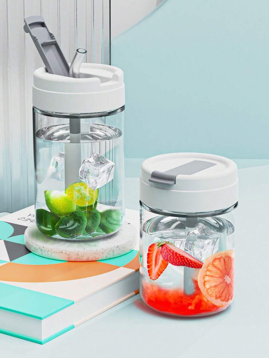 1入組平底無腳杯,水瓶帶草編透明可愛果汁水杯